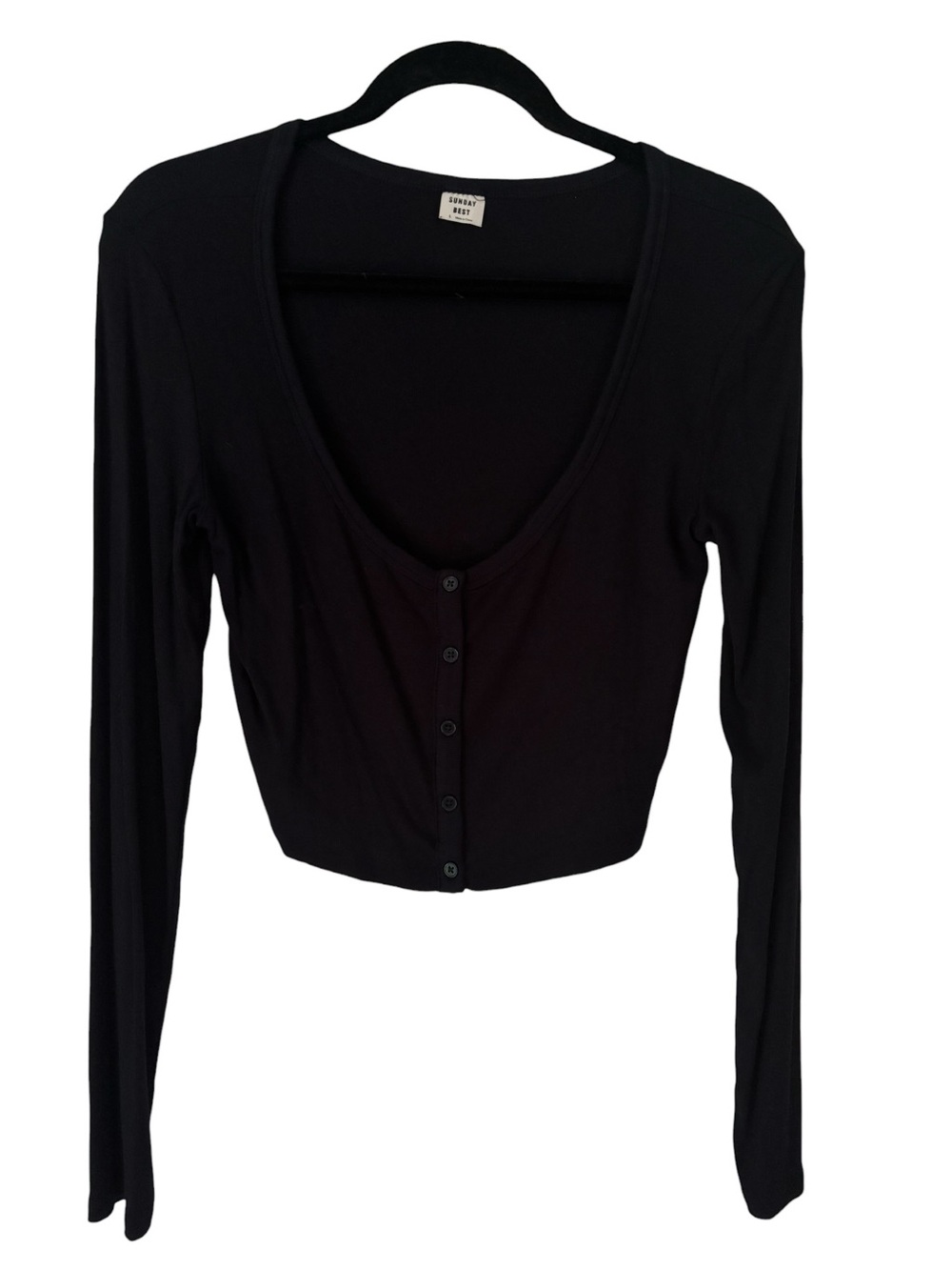 Sunday Best Black Cropped Button-Front Long Sleeve Cardigan Ribbed Top